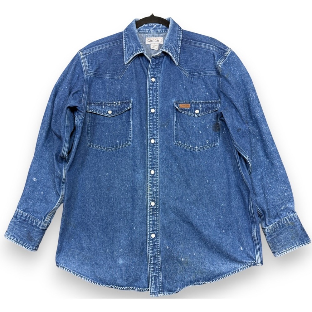 Carhartt Western Pearl Snap Shirt Mens L Blue Distressed Denim Long Sleeve